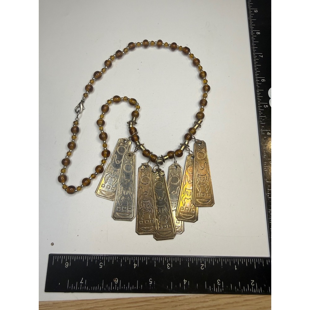 Egyptian Revival Hieroglyphic Etched Metal Pendant Amber Bead Necklace 17 Inch
